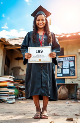 A young woman from a humble, dilapidated house standing confidently in a graduation gown, holding her IAS certificate with a proud smile