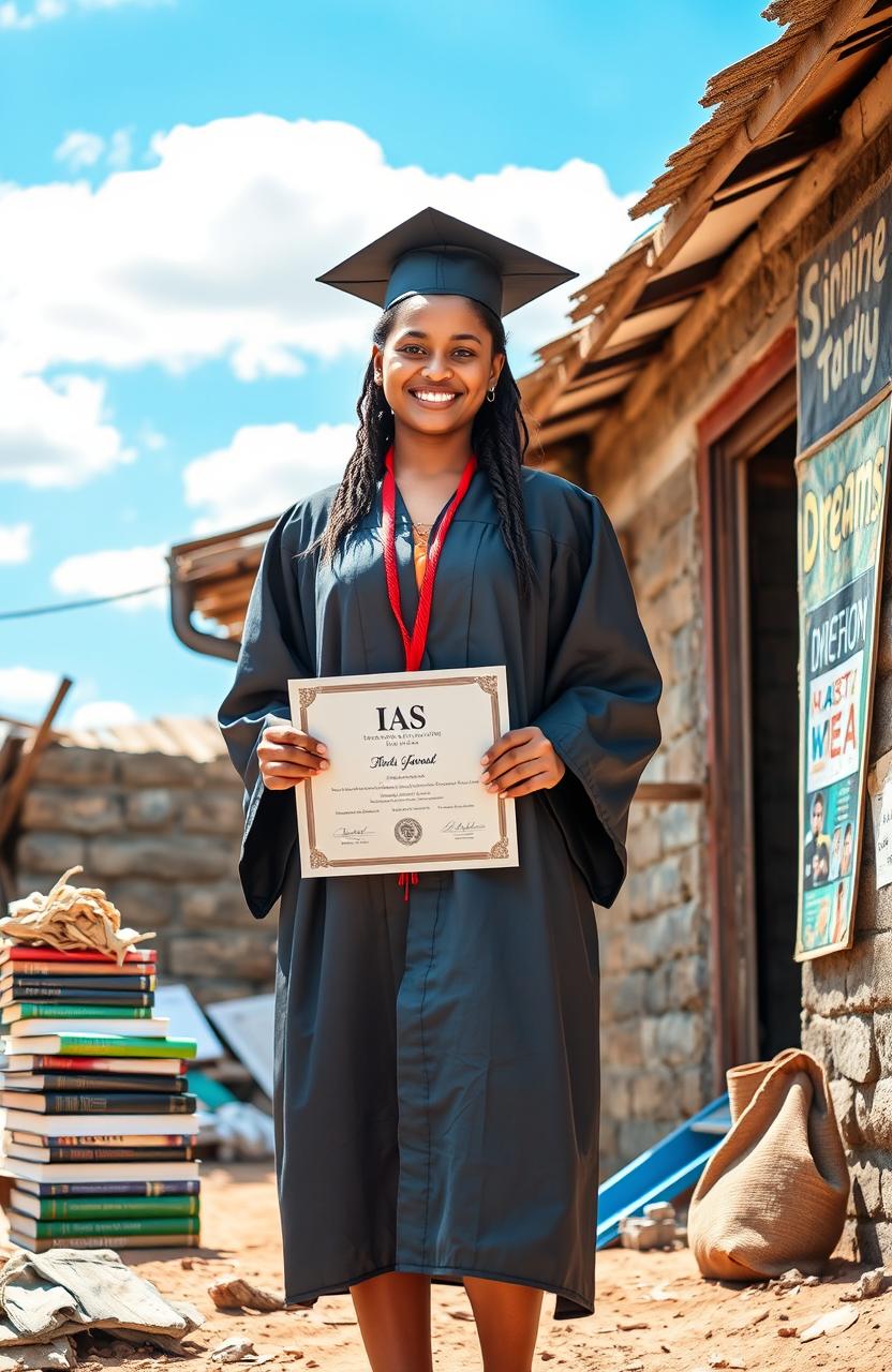 A young woman from a humble, dilapidated house standing confidently in a graduation gown, holding her IAS certificate with a proud smile