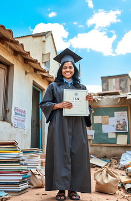 A young woman from a humble, dilapidated house standing confidently in a graduation gown, holding her IAS certificate with a proud smile