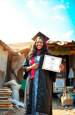 A young woman from a humble, dilapidated house standing confidently in a graduation gown, holding her IAS certificate with a proud smile