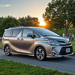 A sleek, modern Toyota Ipsum minivan parked in a scenic location, showcasing its stylish exterior and spacious interior