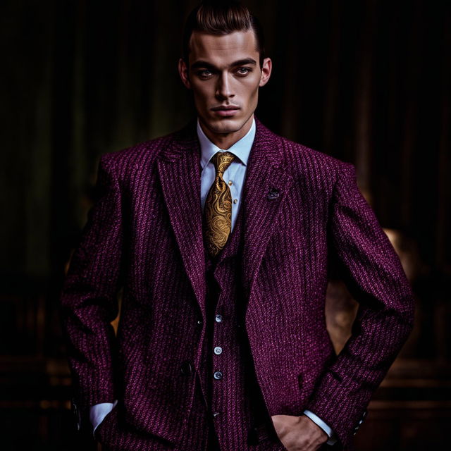 Editorial magazine photoshoot featuring a male model in a modern 'old money' inspired outfit. The composition and lighting are immaculate, creating an intense atmosphere.