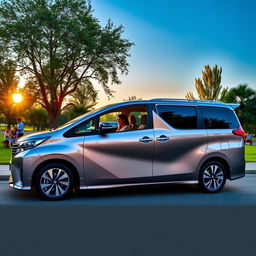 A sleek, modern Toyota Ipsum minivan parked in a scenic location, showcasing its stylish exterior and spacious interior