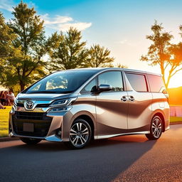 A sleek, modern Toyota Ipsum minivan parked in a scenic location, showcasing its stylish exterior and spacious interior