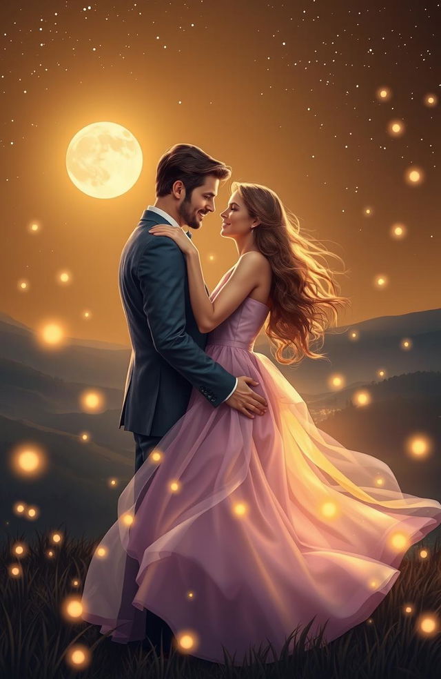 A romantic scene for a book cover featuring a couple in an intimate embrace under a starlit sky