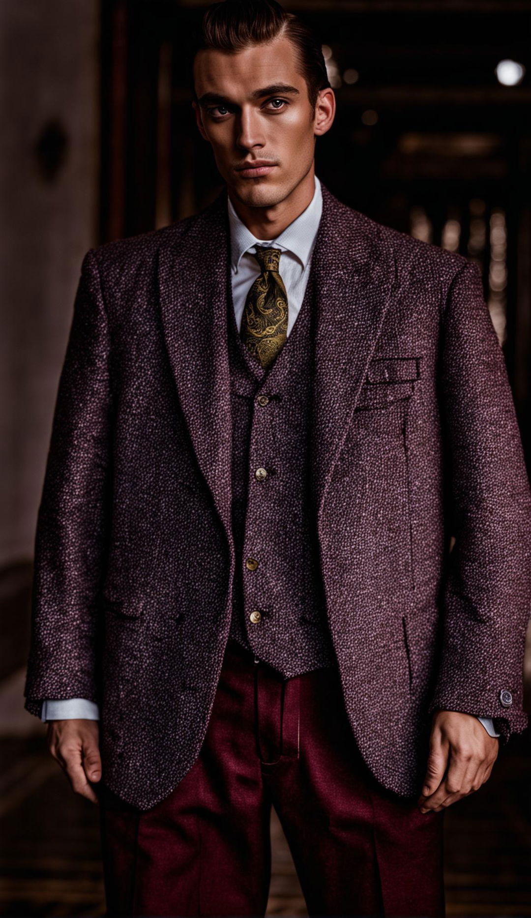 Editorial magazine photoshoot featuring a male model in a modern 'old money' inspired outfit. The composition and lighting are immaculate, creating an intense atmosphere.