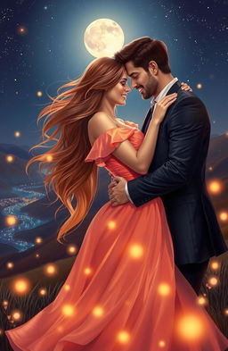 A romantic scene for a book cover featuring a couple in an intimate embrace under a starlit sky