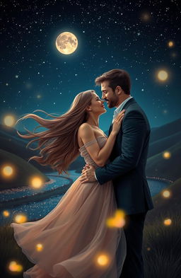 A romantic scene for a book cover featuring a couple in an intimate embrace under a starlit sky