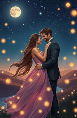 A romantic scene for a book cover featuring a couple in an intimate embrace under a starlit sky