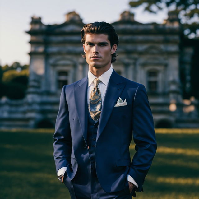 A 200mm distant shot of a male supermodel in a navy blue suit and tie, standing on the lawn of an old mansion with vintage architecture. The setting sun casts long shadows and bathes everything in a warm golden glow.