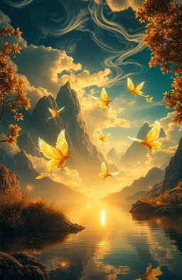 A fantasy scene inspired by 'Isorropia' by Aphotic, capturing a mesmerizing ambiance with a golden and dark blue color scheme