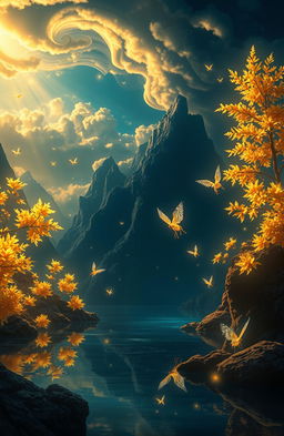 A fantasy scene inspired by 'Isorropia' by Aphotic, capturing a mesmerizing ambiance with a golden and dark blue color scheme