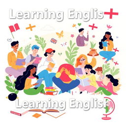 A creative slide cover design focused on the theme of learning English, featuring a colorful and engaging illustration of diverse people engaging with language materials, such as books, online lessons, and conversation practice