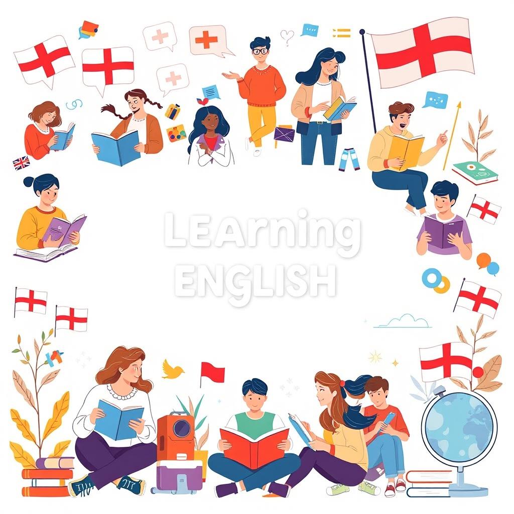 A creative slide cover design focused on the theme of learning English, featuring a colorful and engaging illustration of diverse people engaging with language materials, such as books, online lessons, and conversation practice