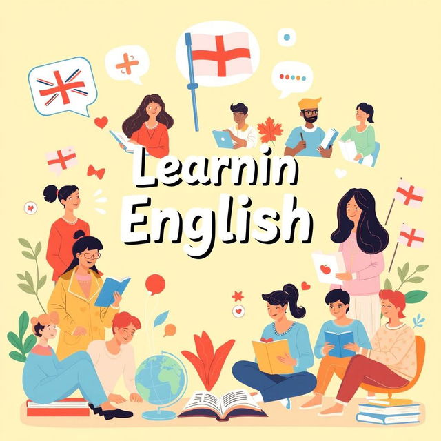 A creative slide cover design focused on the theme of learning English, featuring a colorful and engaging illustration of diverse people engaging with language materials, such as books, online lessons, and conversation practice