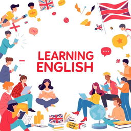 A creative slide cover design focused on the theme of learning English, featuring a colorful and engaging illustration of diverse people engaging with language materials, such as books, online lessons, and conversation practice