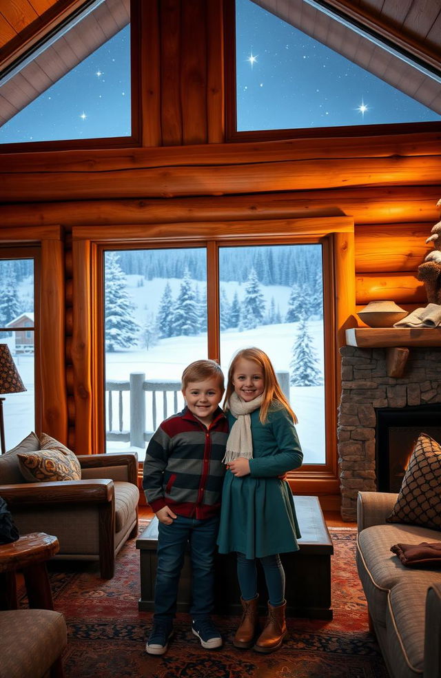 A boy and a girl standing together inside a cozy mountain cabin, surrounded by a snowy landscape visible through large windows