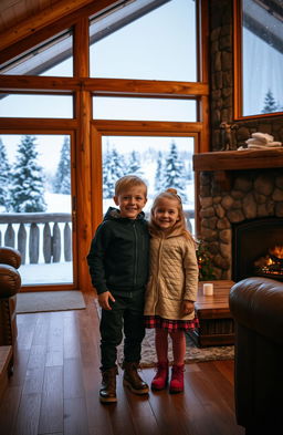 A boy and a girl standing together inside a cozy mountain cabin, surrounded by a snowy landscape visible through large windows