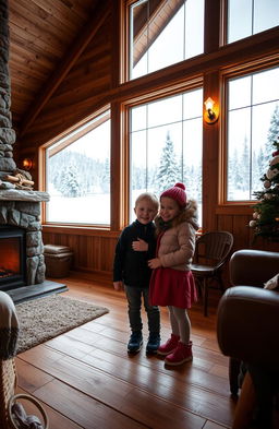 A boy and a girl standing together inside a cozy mountain cabin, surrounded by a snowy landscape visible through large windows