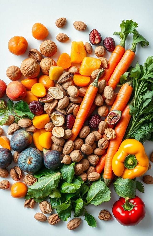 A vibrant still life composition depicting a variety of dry fruits and vegetables arranged artfully to represent a healthy diet