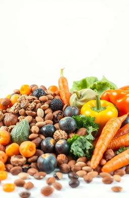 A vibrant still life composition depicting a variety of dry fruits and vegetables arranged artfully to represent a healthy diet