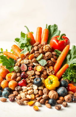 A vibrant still life composition depicting a variety of dry fruits and vegetables arranged artfully to represent a healthy diet