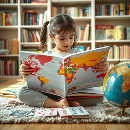 A young girl deeply engaged in reading a large, colorful book that displays maps and imagery of different countries, symbolizing the world