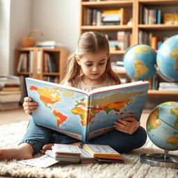 A young girl deeply engaged in reading a large, colorful book that displays maps and imagery of different countries, symbolizing the world