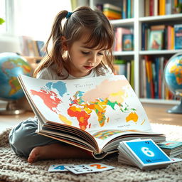 A young girl deeply engaged in reading a large, colorful book that displays maps and imagery of different countries, symbolizing the world