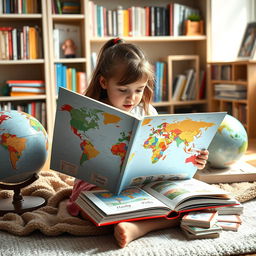 A young girl deeply engaged in reading a large, colorful book that displays maps and imagery of different countries, symbolizing the world