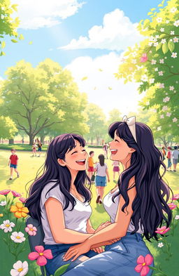 A vibrant and colorful illustration capturing the essence of deep friendship and budding romance in a sunny park setting