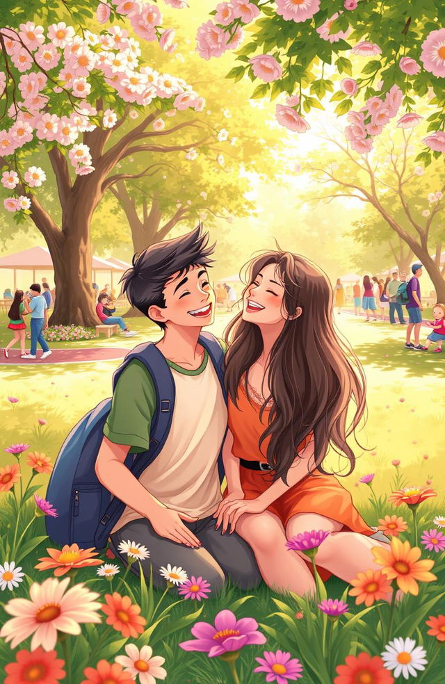 A vibrant and colorful illustration capturing the essence of deep friendship and budding romance in a sunny park setting