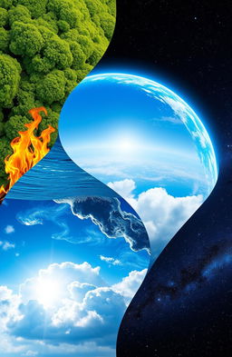 A stunning collage showcasing the five elements of earth: Earth, Water, Fire, Air, and Space