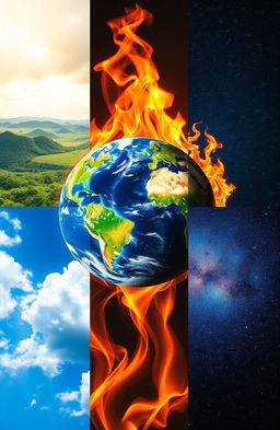 A stunning collage showcasing the five elements of earth: Earth, Water, Fire, Air, and Space