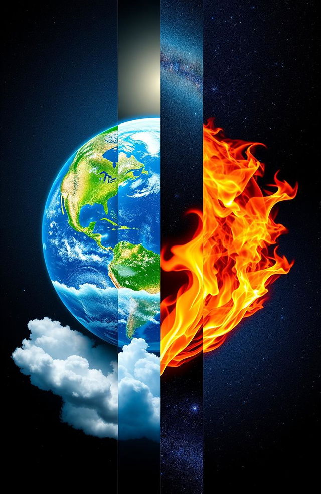 A stunning collage showcasing the five elements of earth: Earth, Water, Fire, Air, and Space