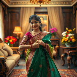 An Indian girl gracefully removing her saree in a beautifully decorated traditional room, with soft golden light illuminating the scene