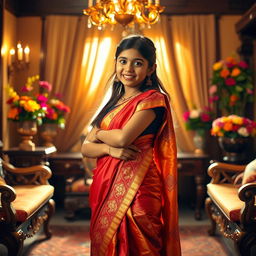 An Indian girl gracefully removing her saree in a beautifully decorated traditional room, with soft golden light illuminating the scene
