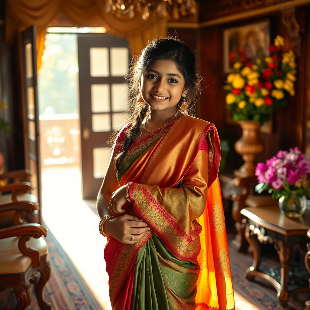 An Indian girl gracefully removing her saree in a beautifully decorated traditional room, with soft golden light illuminating the scene