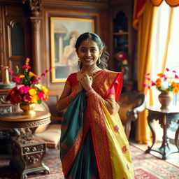 An Indian girl gracefully removing her saree in a beautifully decorated traditional room, with soft golden light illuminating the scene