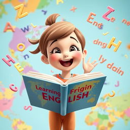 An animated girl joyfully reading a book titled 'Learning English' while exploring a colorful world map that floats around her