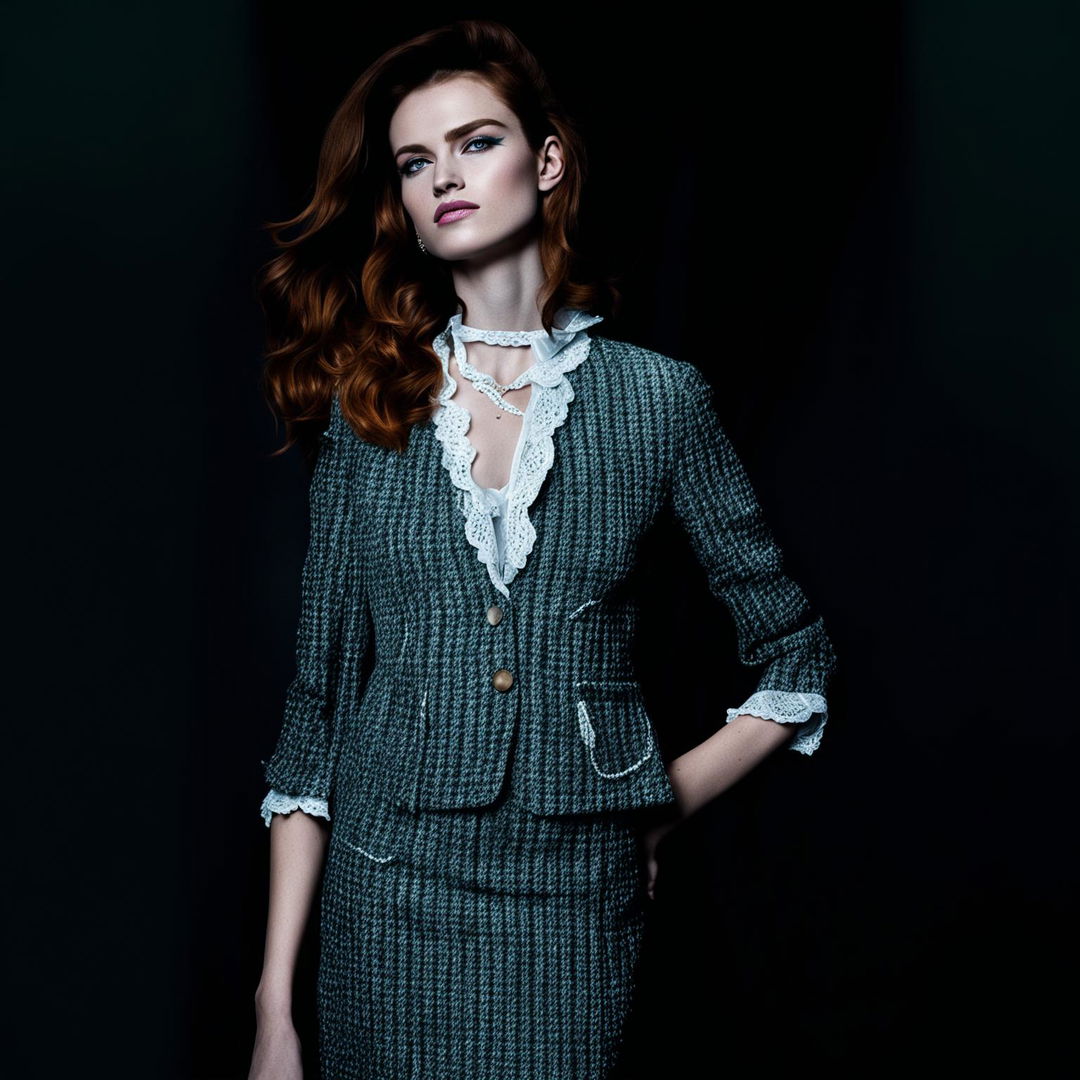 High-resolution photograph of a model in a feminine, modern outfit inspired by old money elegance. The image features immaculate lighting and composition, reminiscent of an editorial magazine photoshoot.