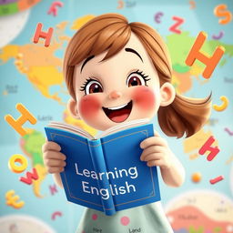 An animated girl joyfully reading a book titled 'Learning English' while exploring a colorful world map that floats around her