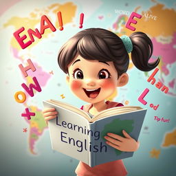 An animated girl joyfully reading a book titled 'Learning English' while exploring a colorful world map that floats around her