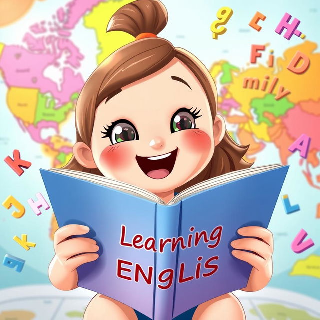 An animated girl joyfully reading a book titled 'Learning English' while exploring a colorful world map that floats around her