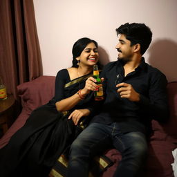 A young couple in a cozy bedroom, the girl adorned in a stunning black saree, sitting comfortably on her boyfriend's lap