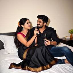 A young couple in a cozy bedroom, the girl adorned in a stunning black saree, sitting comfortably on her boyfriend's lap