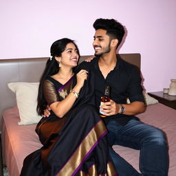 A young couple in a cozy bedroom, the girl adorned in a stunning black saree, sitting comfortably on her boyfriend's lap
