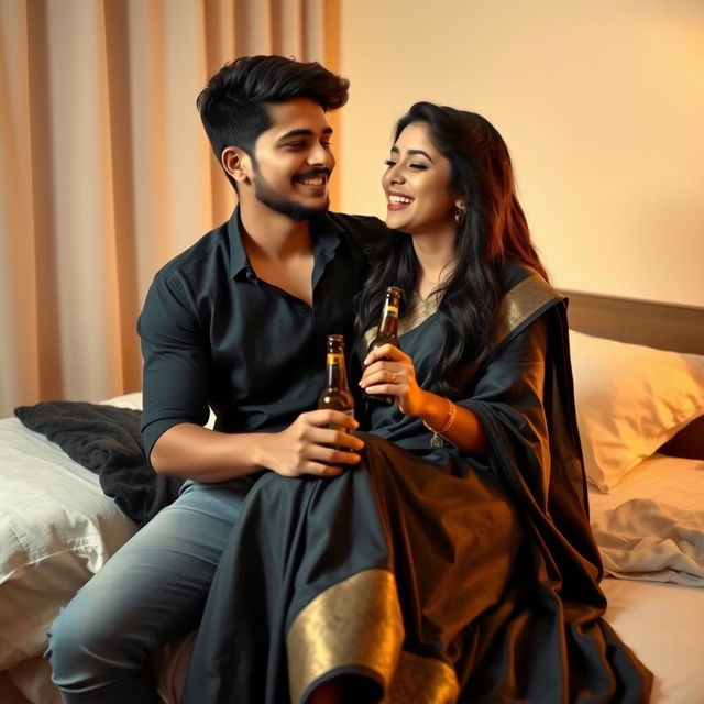 A young couple in a cozy bedroom, the girl adorned in a stunning black saree, sitting comfortably on her boyfriend's lap