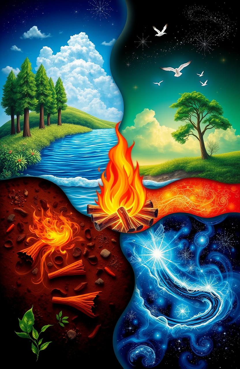 A serene and enchanting depiction of the five elements of Earth: Earth, Water, Fire, Air, and Ether