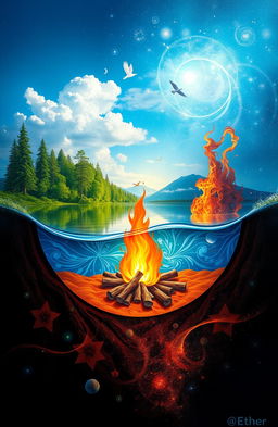 A serene and enchanting depiction of the five elements of Earth: Earth, Water, Fire, Air, and Ether